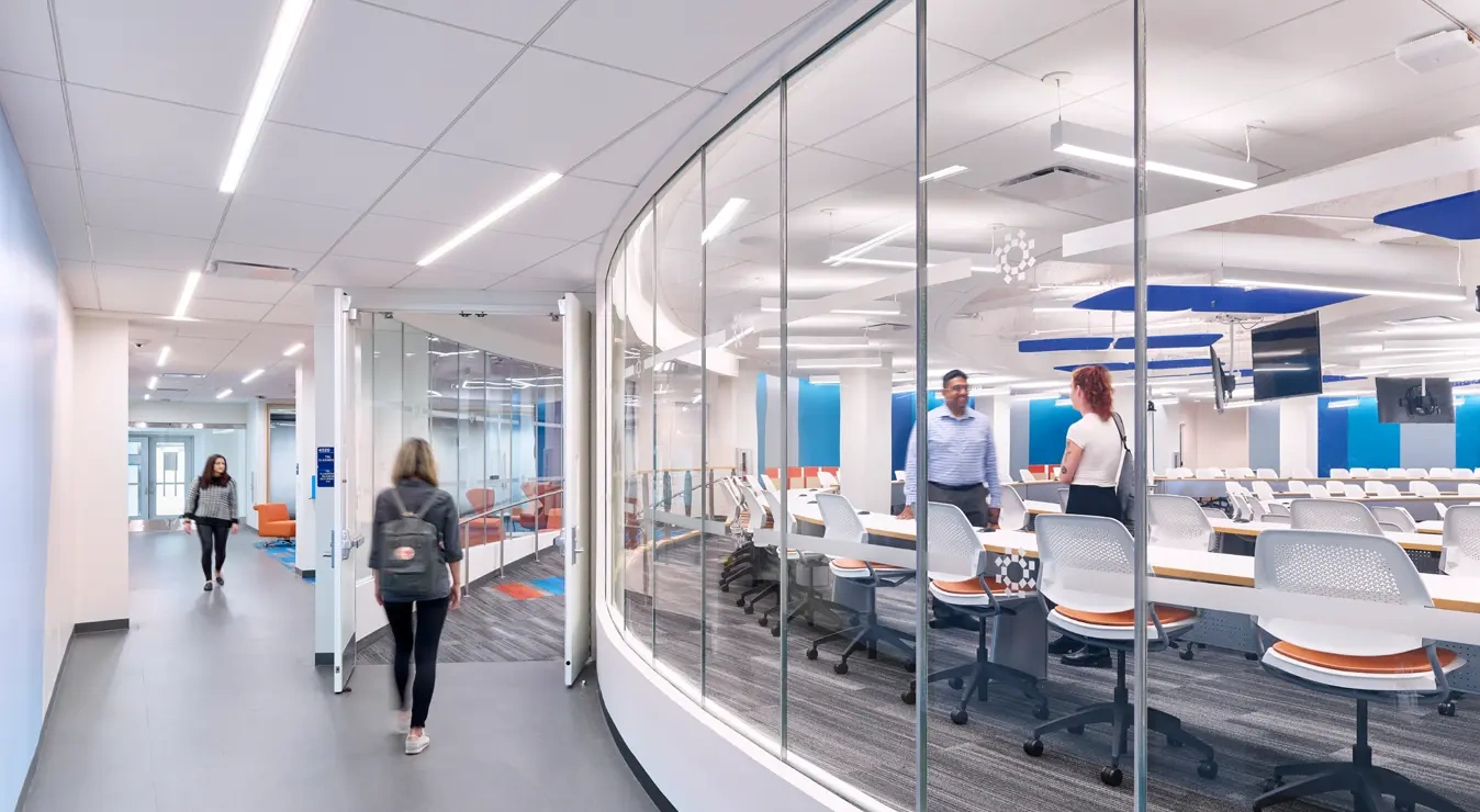 McGrory Glass AGC Pyrobel® Vision Line butt-glazed fire-resistive curved glass wall with minimal joints at Hackensack Meridian Health School of Medicine.