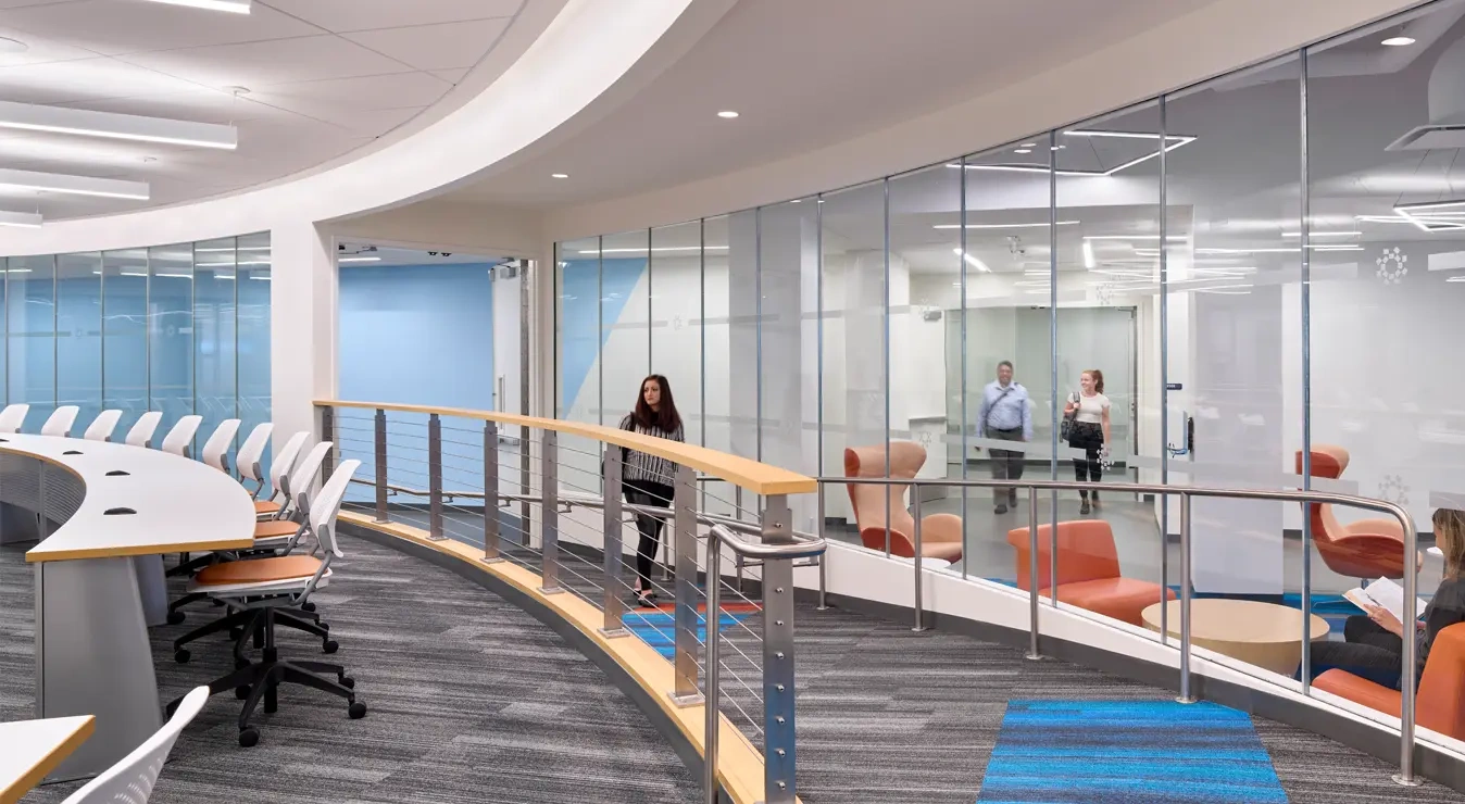 McGrory Glass AGC Pyrobel® Vision Line butt-glazed fire-resistive curved glass wall with minimal joints at Hackensack Meridian Health School of Medicine.